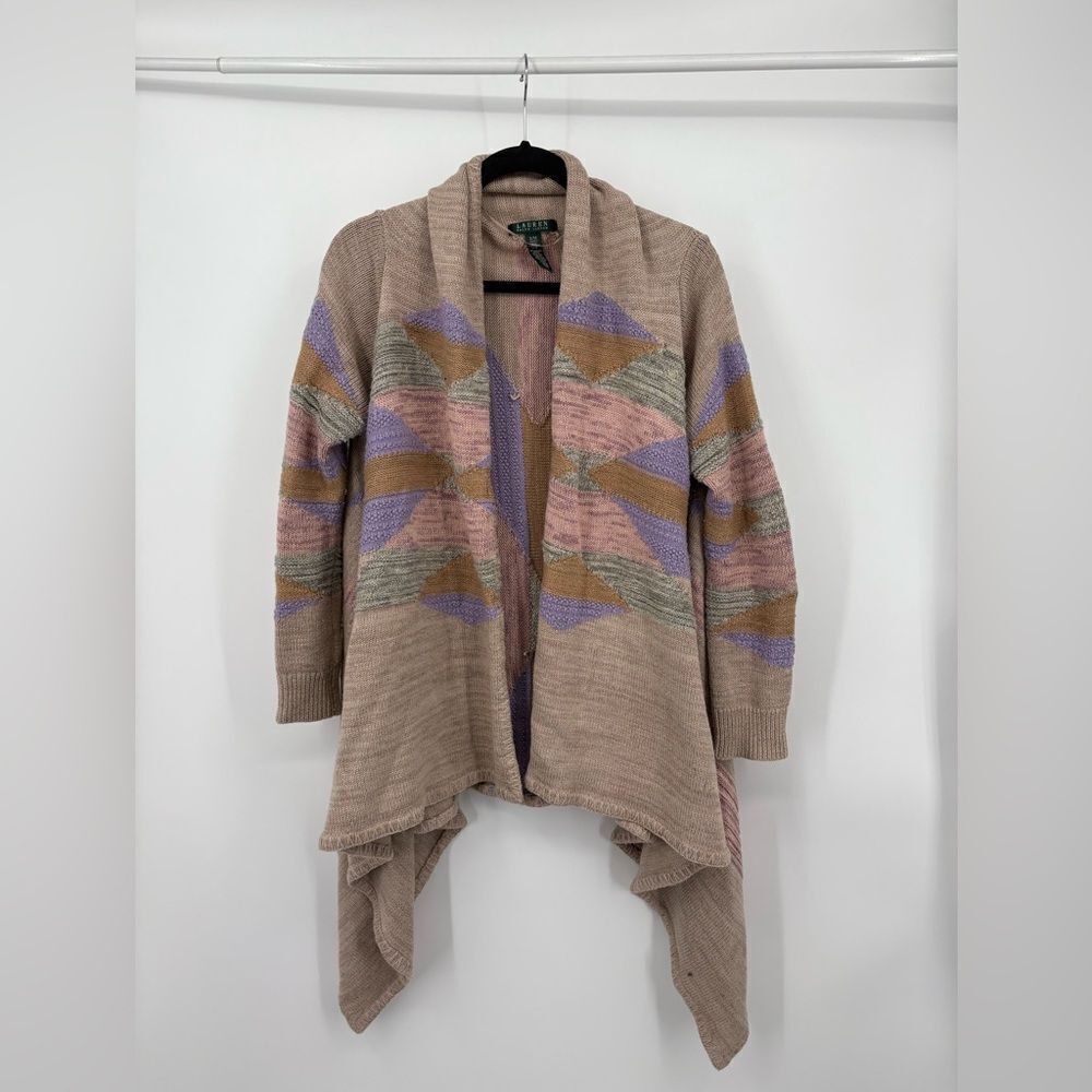 LAUREN RALPH LAUREN Long Shawl Cardigan Sweater Pastel Aztec Southwest S/M